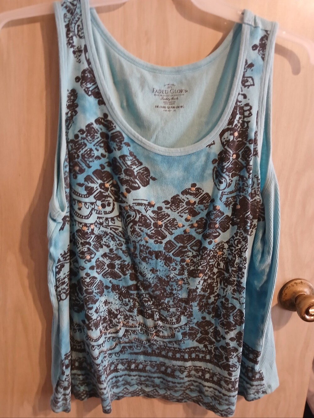 FADED GLORY WOMEN'S 3X AQUA BLUE FLORAL DESIGN WITH GLITTER STRETCH TANK TOP